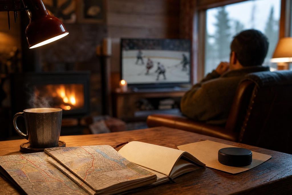 Writer's desk with a folded city map, handwritten notes, a coffee and a hockey puck (AI-generated image)
