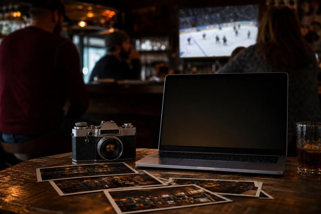 Vintage film camera and a laptop on a desk among prints of bar interiors (AI-generated image)