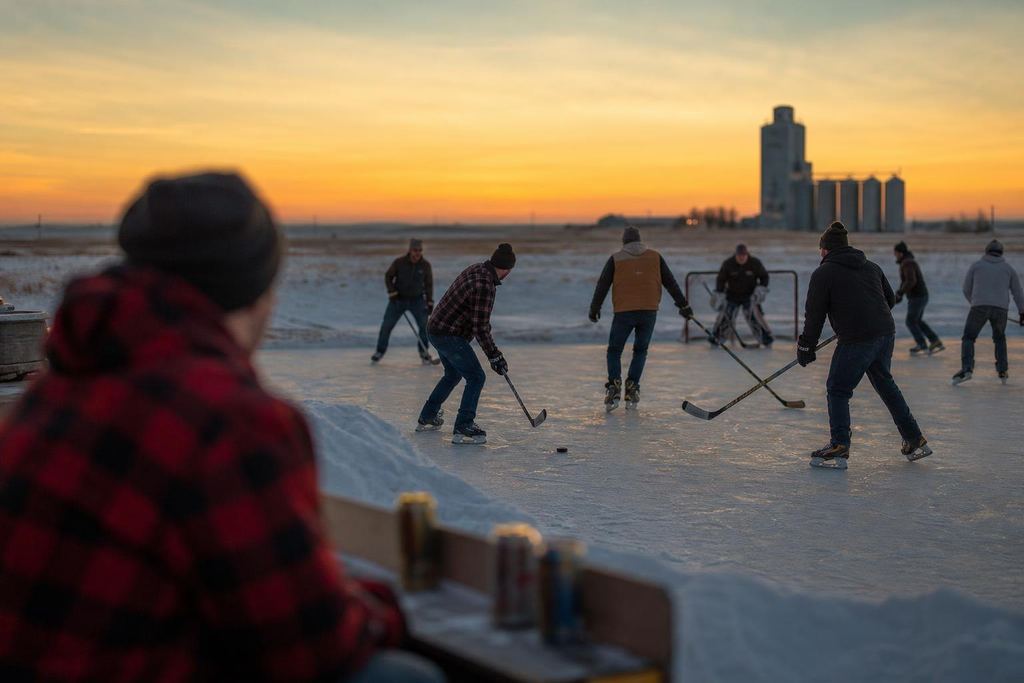 Adults playing shinny on an outdoor prairie rink at sunset with a grain elevator behind (AI-generated image)