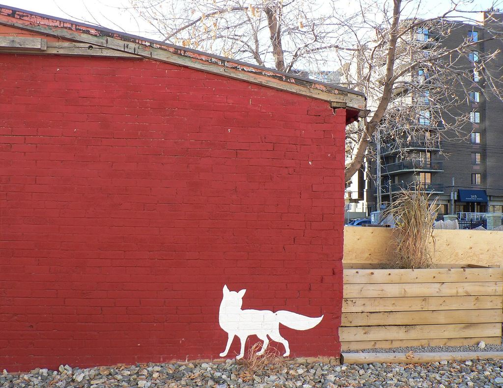 A red brick wall with a painted white fox in Calgary's Beltline neighbourhood