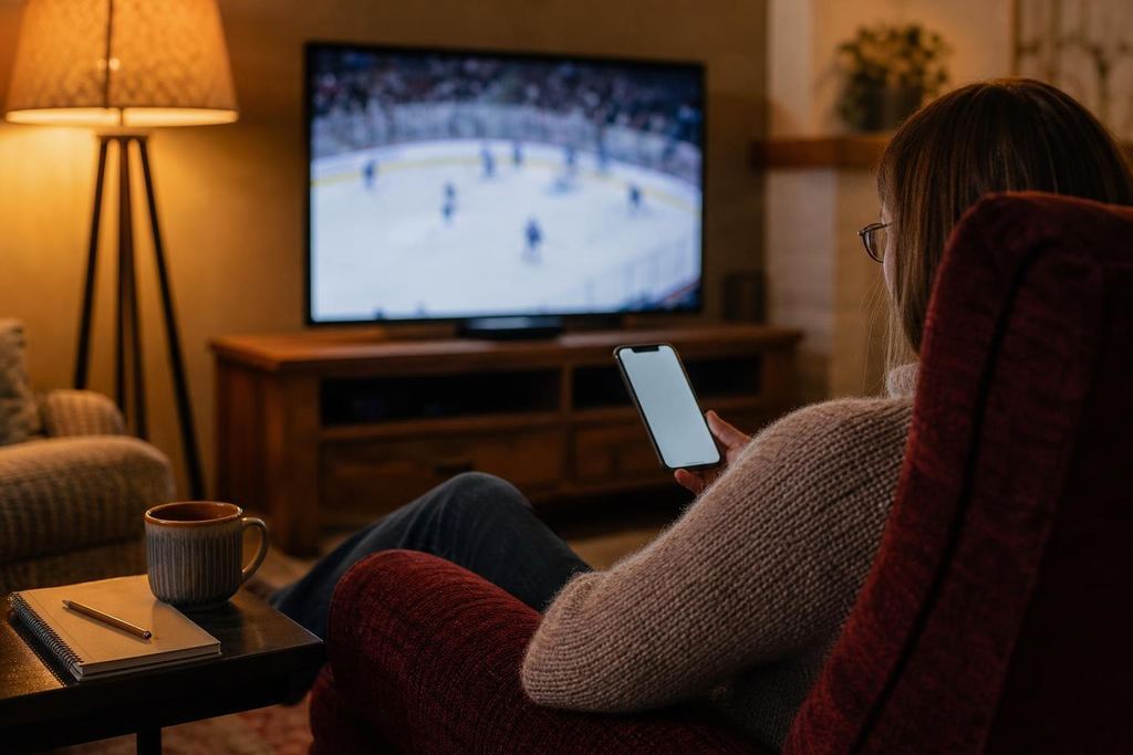 A person in an armchair at home holding a phone with a blank screen, a hockey game on the TV across the room (AI-generated image)