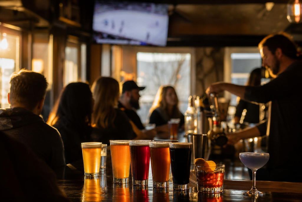 Late afternoon sun across fresh pints and cocktails on a polished bar top, bartender pouring behind (AI-generated image)
