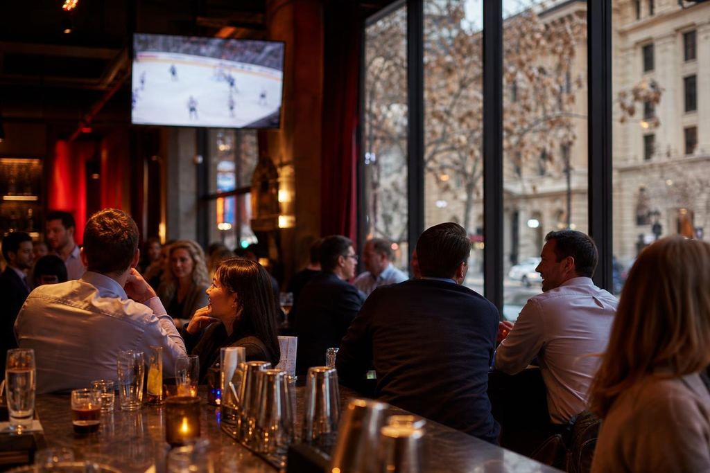 Office workers at a downtown pub bar with tall windows onto a sandstone street (AI-generated image)