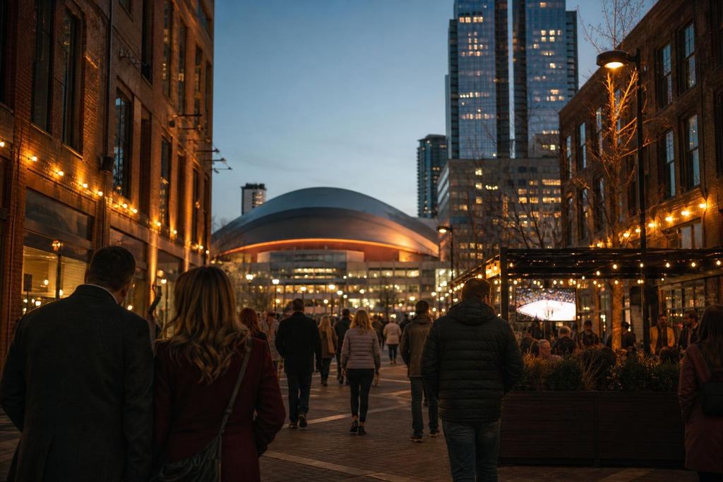 Converted warehouses and new towers on a wide street, people walking toward an arena (AI-generated image)