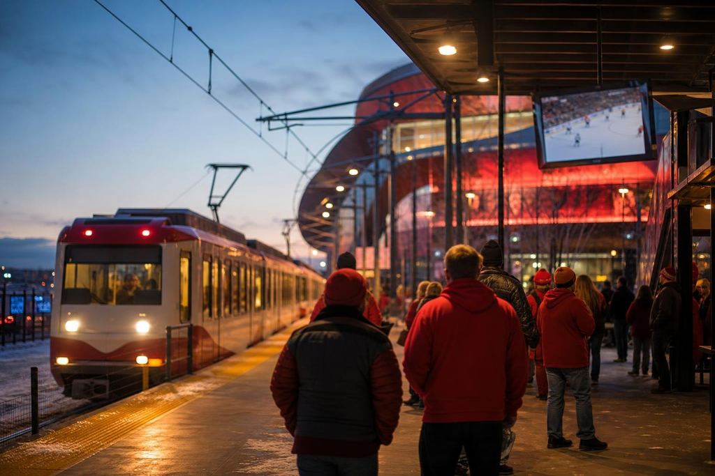 Fans in red waiting on a light rail platform beside an arena as a train arrives (AI-generated image)