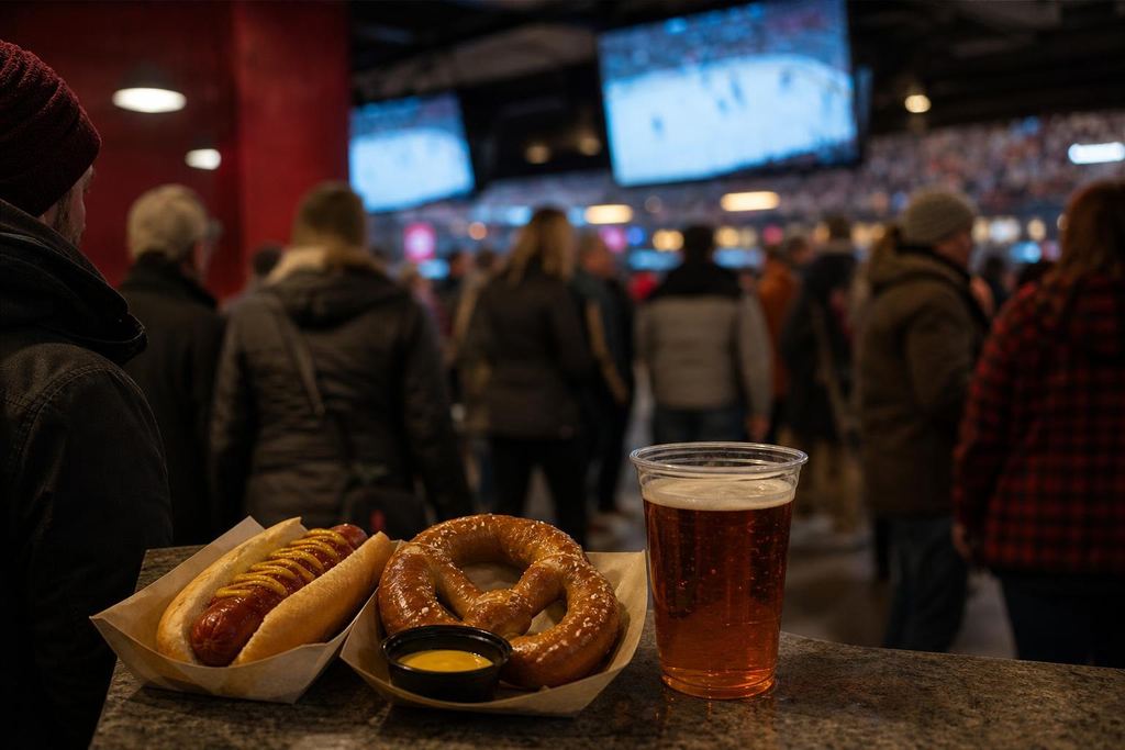 A hot dog, a pretzel and a beer in a plastic cup on an arena concourse counter (AI-generated image)