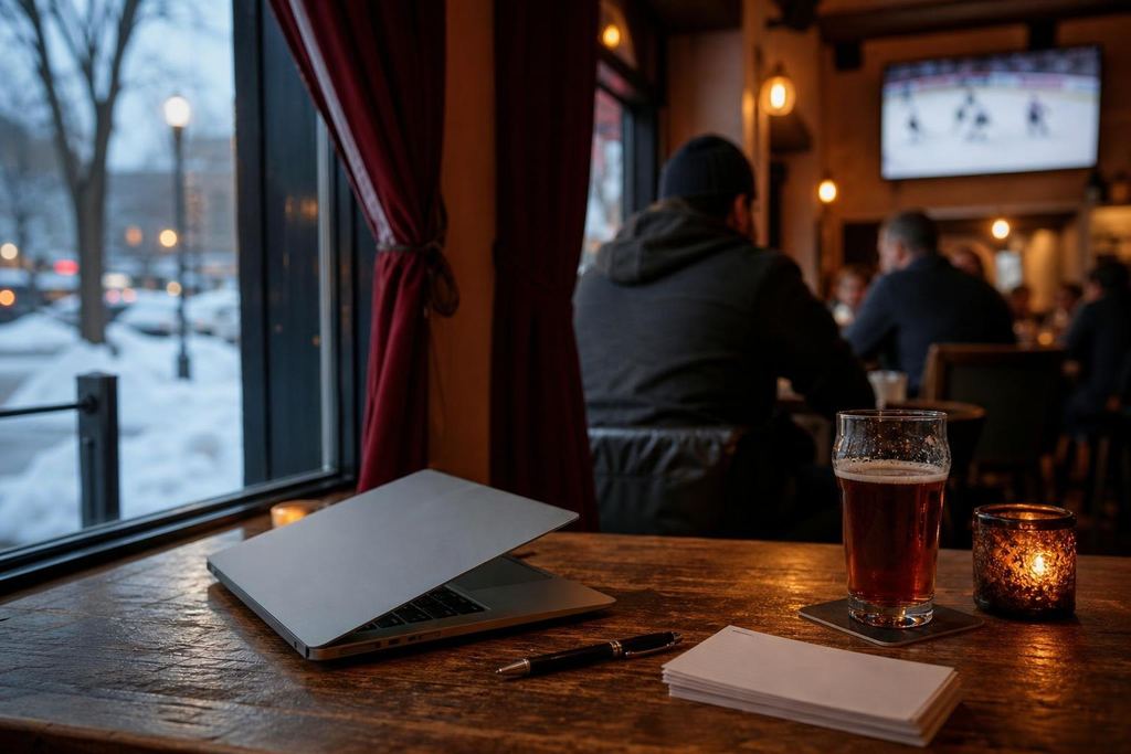Wooden pub table with a half-closed laptop, a pen and index cards by a snowy window (AI-generated image)
