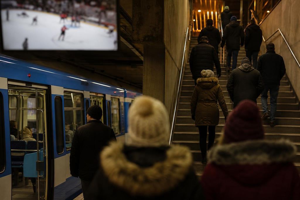 An underground light rail station with a train at the platform and fans in winter coats (AI-generated image)