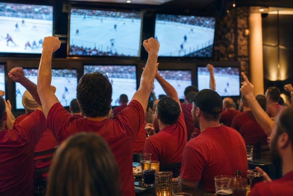 Fans in red shirts standing and cheering at a wall of screens in a large sports bar (AI-generated image)