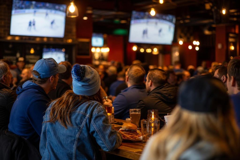 A packed bar near a downtown arena before a hockey game, fans at long tables (AI-generated image)
