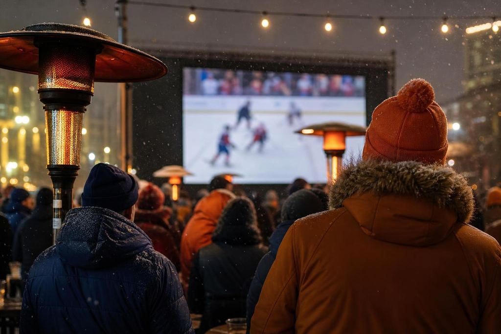 An outdoor winter watch party on a downtown plaza with a giant screen and patio heaters (AI-generated image)