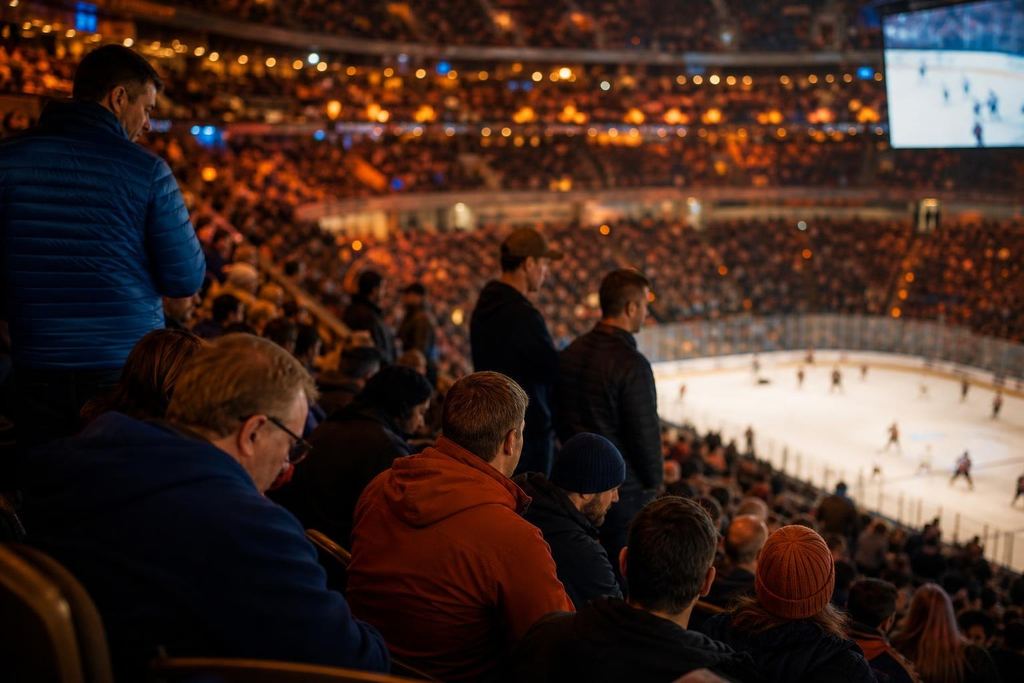 Fans in plain blue and orange settling into upper-level arena seats during warm-up (AI-generated image)