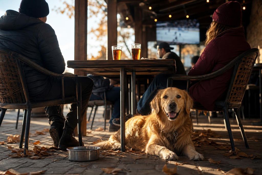 A golden retriever lying under a table on a sunny pub patio beside a water bowl (AI-generated image)