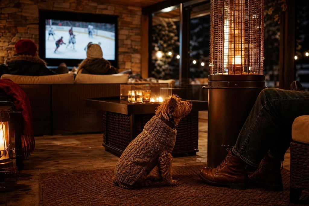 A small terrier in a knit sweater by a patio heater on a covered winter patio (AI-generated image)