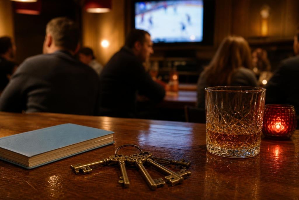 Ring of old brass keys lying on a wooden bar top beside a closed notebook (AI-generated image)