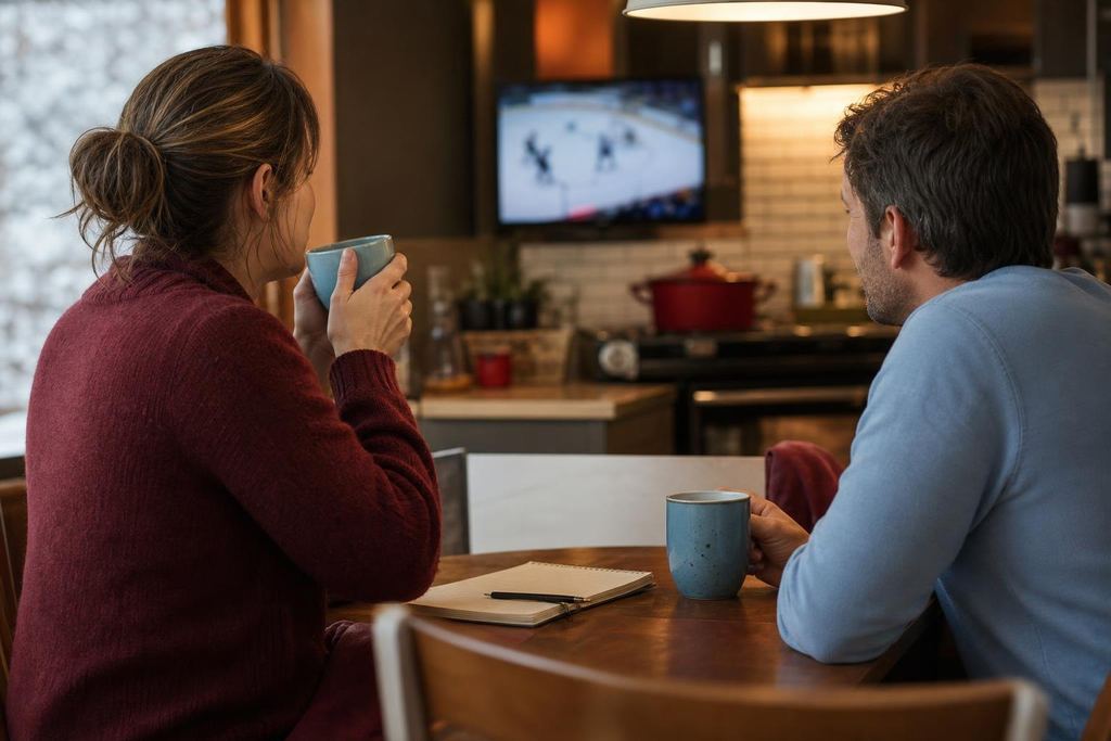 Two adults talking quietly over coffee at a kitchen table with a notepad between them (AI-generated image)