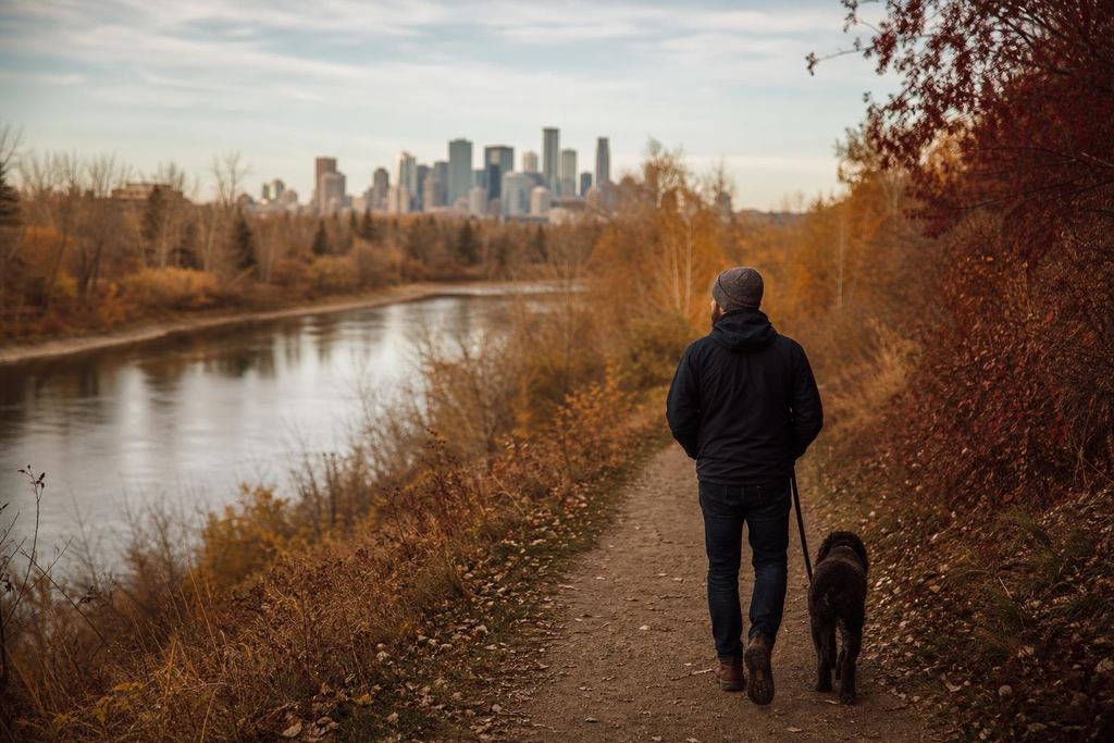 A person walking a dog on a river valley path in autumn, city skyline far away (AI-generated image)