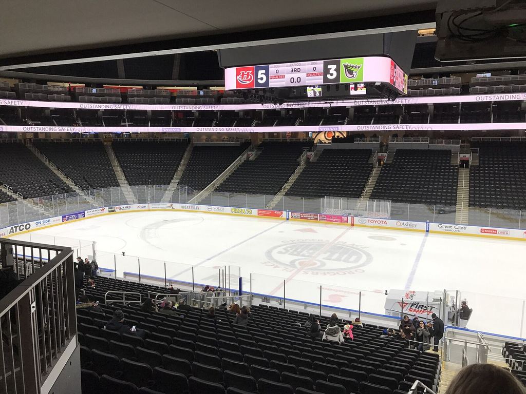 Rows of seats and the ice surface inside Rogers Place before a game