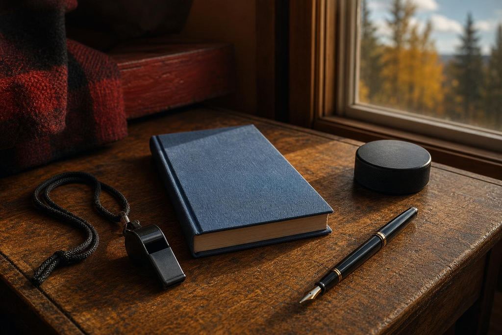 Referee's whistle, a closed notebook, a pen and a hockey puck on a wooden desk (AI-generated image)