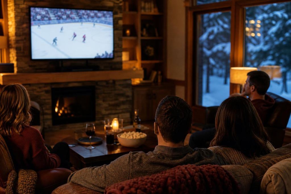 Friends on a sofa watching a hockey game on a large wall TV on a snowy evening (AI-generated image)