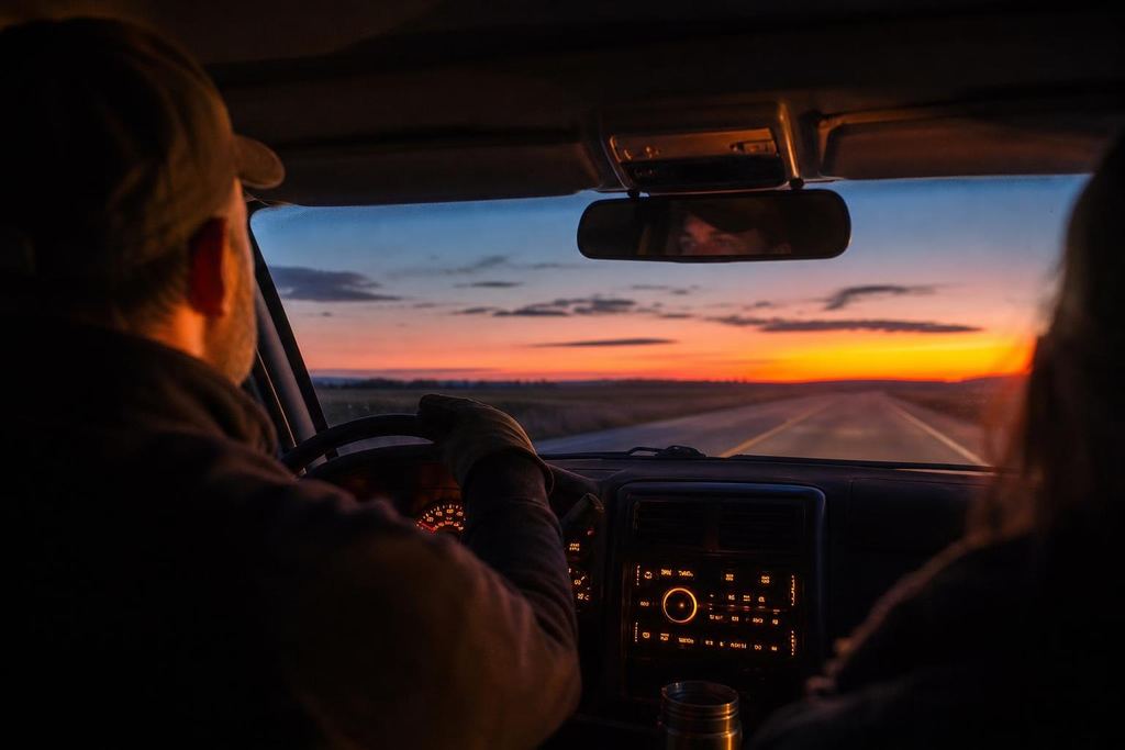 A glowing pickup truck dashboard radio on a straight prairie highway at dusk (AI-generated image)