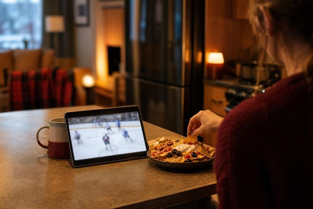 A tablet on a kitchen counter streaming a blurred hockey game beside a plate of nachos (AI-generated image)